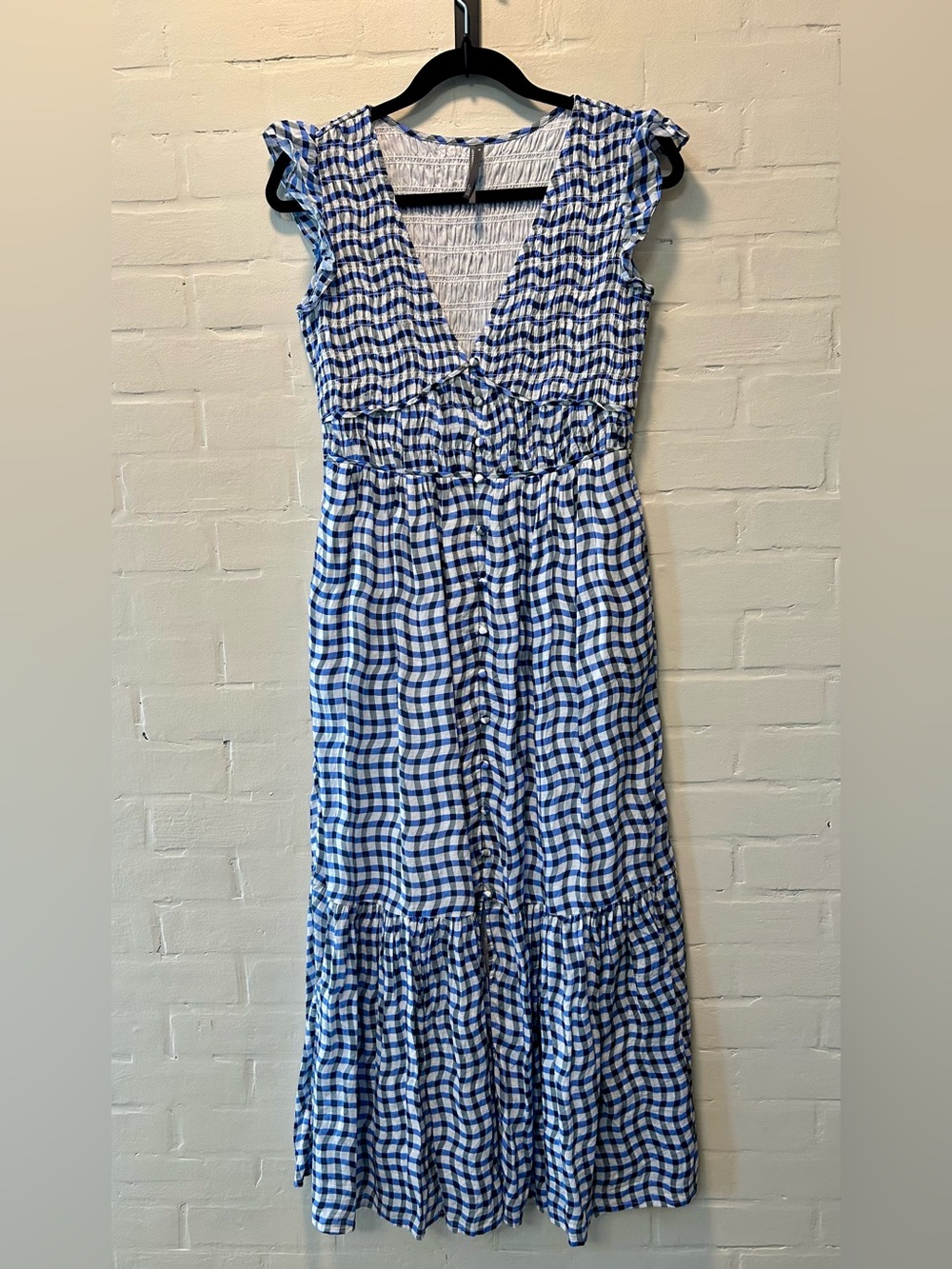 Anthropologie Peregrine Blue Gingham Smocked Midi Dress with Flutter Sleeves XS - Picture 3 of 11